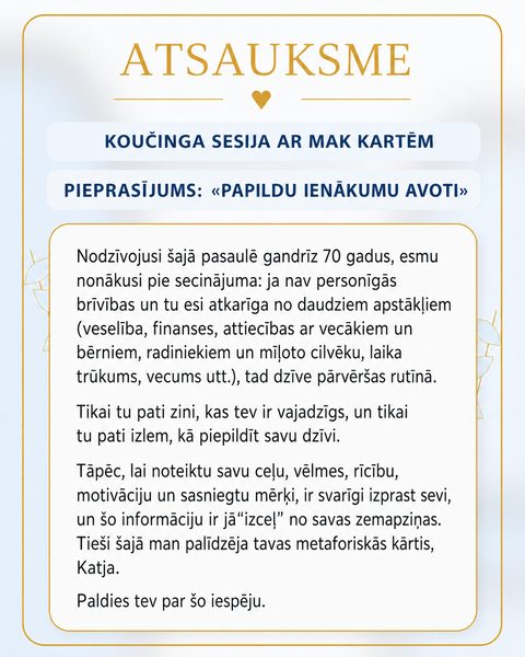 RISA atsauksme — klientes MAK sesija par papildu ienākumu avotiem