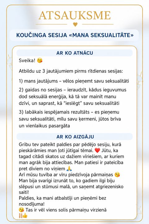 RISA atsauksme — klientes koučinga sesija «Mana seksualitāte»