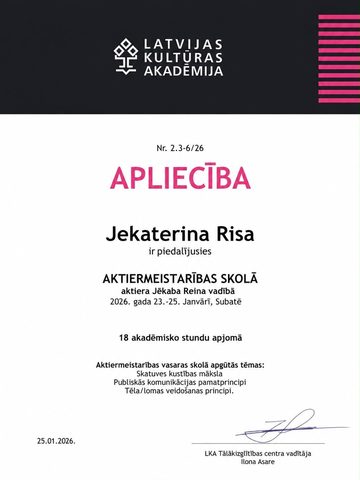 Latvijas Kultūras akadēmijas apliecība par dalību Aktiermeistarības skolā