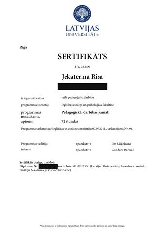Latvijas Universitātes sertifikāts «Pedagoģiskās darbības pamati»