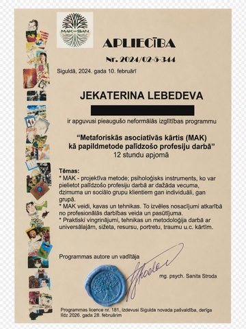 Apliecība par metaforisko asociatīvo kāršu programmu palīdzošo profesiju darbā