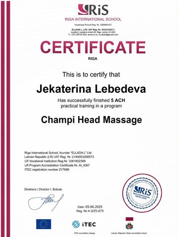 Riga International School sertifikāts «Champi Head Massage»