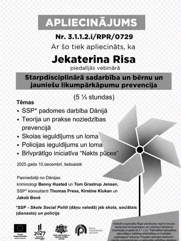 Apliecinājums par vebināru bērnu un jauniešu likumpārkāpumu prevencijā