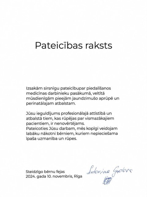 Steidzīgo bērnu fejas pateicības raksts Jekaterinai Risai
