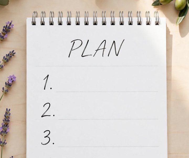 Bloknots ar uzrakstu “Plan” un olīvu zari
